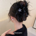 Black Floral Hair Claw With Pearl Like Center And Crystal Chain Fringe view 3