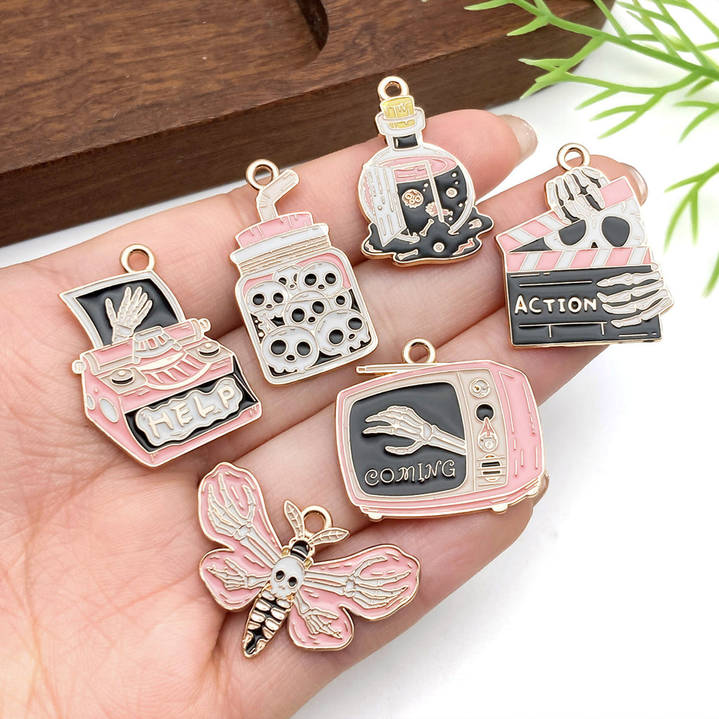 Zinc Alloy Pink Halloween Skull Charm Pendant for DIY Necklace Bracelet Keychain