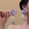 Purple Fabric Flower Drop Earrings with Reflective Details view 1