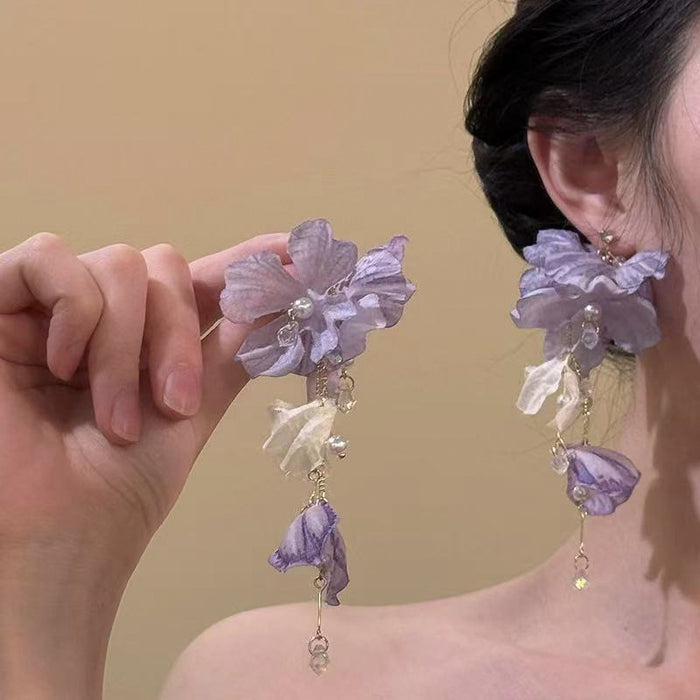 Purple Fabric Flower Drop Earrings with Reflective Details