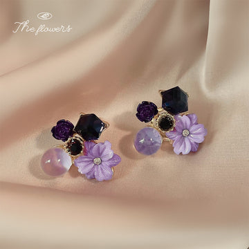 Gold Tone Purple Flower And Faceted Stone Cluster Stud Earrings