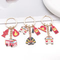 Red Fire Truck Extinguisher Helmet and Flame Keychains view 2