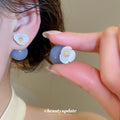 Blue Round Bead and White Flower Drop Stud Earrings view 2