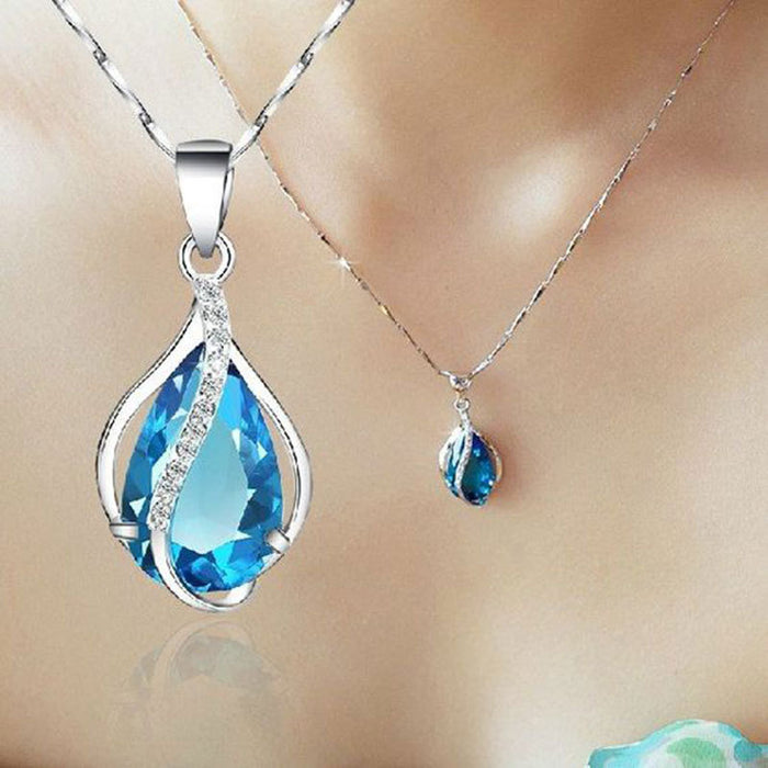Silver Blue Teardrop Pendant Necklace Clear Accent Alloy