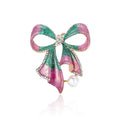 Teal and Pink Striped Bow Brooch With Pearl-Like Drop view 1