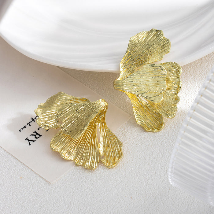 Gold Textured Ginkgo Leaf Large Statement Stud Earrings