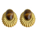 Gold Fluted Oval Stud Earrings Brown Banded Cabochon view 5