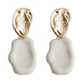 Gold Hammered Stud White Enamel Organic Drop Earrings view 5