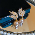 Gold Tone Wheat Leaf Earrings With Champagne Pearl Drops view 4