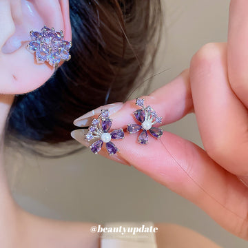 Purple Crystal Flower Clip On Earrings Statement Jewelry