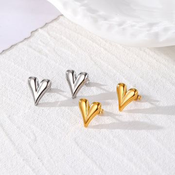 Polished 3D Heart Stud Earrings Gold Silver 2 Finishes