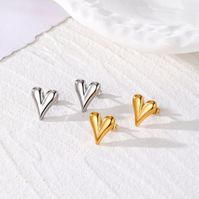Polished 3D Heart Stud Earrings Gold Silver 2 Finishes