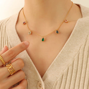 Gold Multicolor Teardrop CZ Station Pendant Necklace