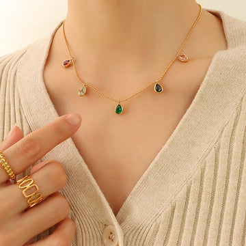 Gold Multicolor Teardrop CZ Station Pendant Necklace