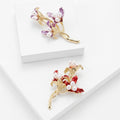 Crystal Flower Branch Brooch with Red or Purple Petals view 2