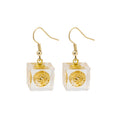 Gold Clear Cube Drop Earrings with Filigree Metal Ball view 1