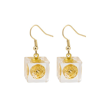 Gold Clear Cube Drop Earrings with Filigree Metal Ball