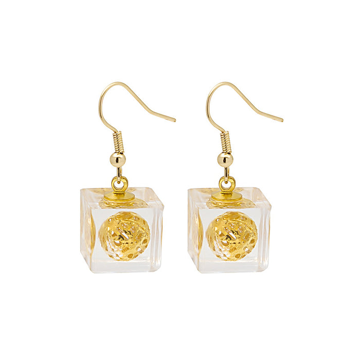Gold Clear Cube Drop Earrings with Filigree Metal Ball