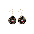 Gold Tone Enamel Cat Flower Drop Earrings White Black Circles view 5