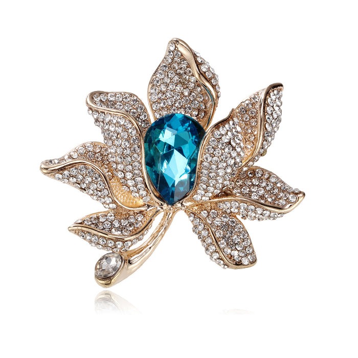 Blue Gold Tone Lotus Sculpted Crystal Three Designs Metal Brooch Pin