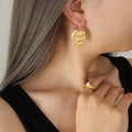 Matte Gold Monstera Leaf Hook Drop Earrings Metal Pair view 1