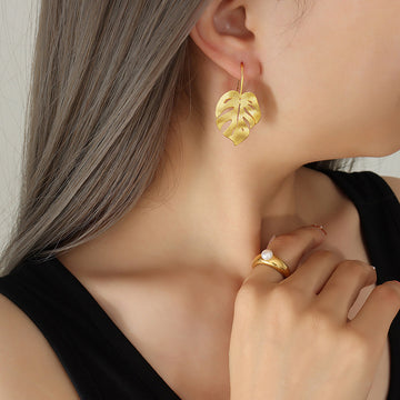 Matte Gold Monstera Leaf Hook Drop Earrings Metal Pair