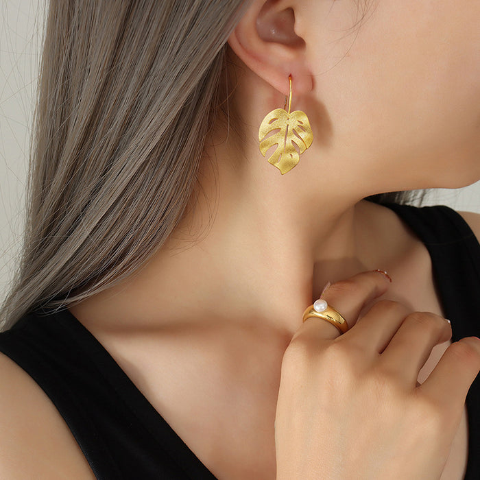 Matte Gold Monstera Leaf Hook Drop Earrings Metal Pair