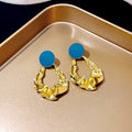 Green Baguette and Blue Round Hammered Gold Dangle Earrings view 6