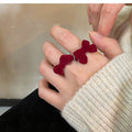 Red Velvet Flocked Bow Open Ring Adjustable Split Band view 3