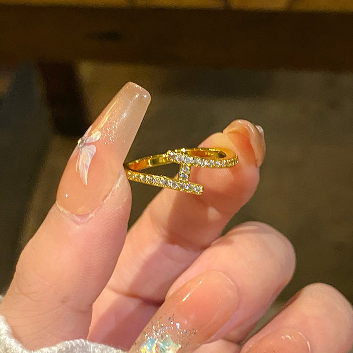 Gold or Silver Pave Zircon Cross T Open Adjustable Ring