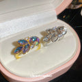 Leaf Crystal Open Rings Silver Clear Gold Iridescent Two view 2