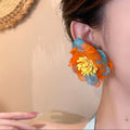 Oversized Blue and Orange Sheer Fabric Flower Earrings view 2