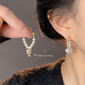 Gold Pearl U Loop Heart Clear Zircon Drop Earrings view 2