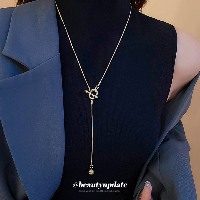 Silver OT Toggle Snake Chain Ball Drop Lariat Necklace