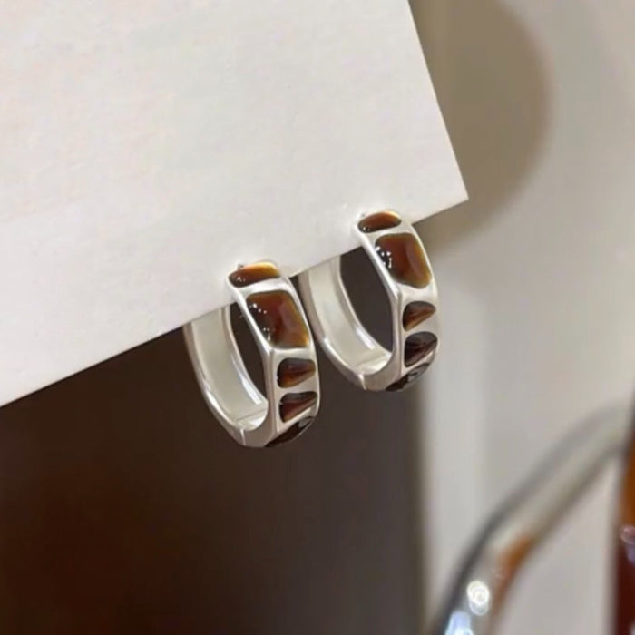 Silver Tone Brown Inlay Open Hoop Huggie Earrings Statement Pair