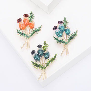 Thistle Bouquet Enamel Brooch in Orange or Blue Green