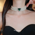 Three Row Pearl Collar Necklace with Green Triangle Accent view 3