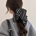 Black Or Ivory Striped Square Scarf Hair Tie With Pearl Like Drops view 1