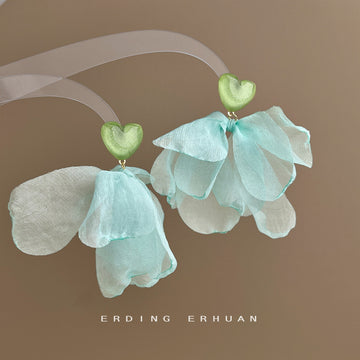 Pale Green Heart Top And Mint Mesh Petal Drop Earrings
