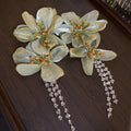 Green Fabric Flower Chain Tassel Earrings With Decorative Details view 6