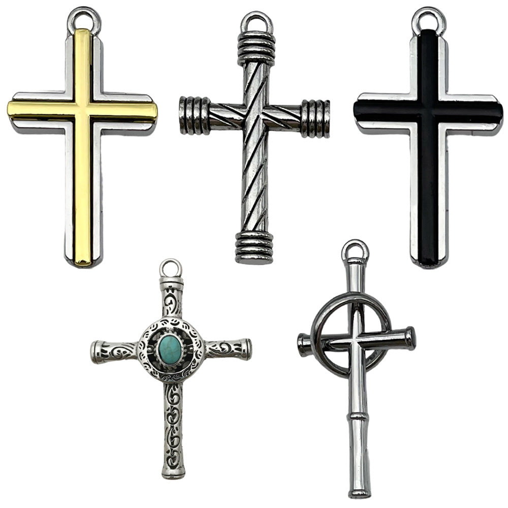 Antique Silver Zinc Alloy Blue Gem Cross Charm Pendant for DIY Necklace Jewelry