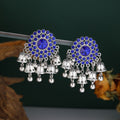 Antique Silver Round Crystal Look Bell Fringe Jhumka Earrings view 4