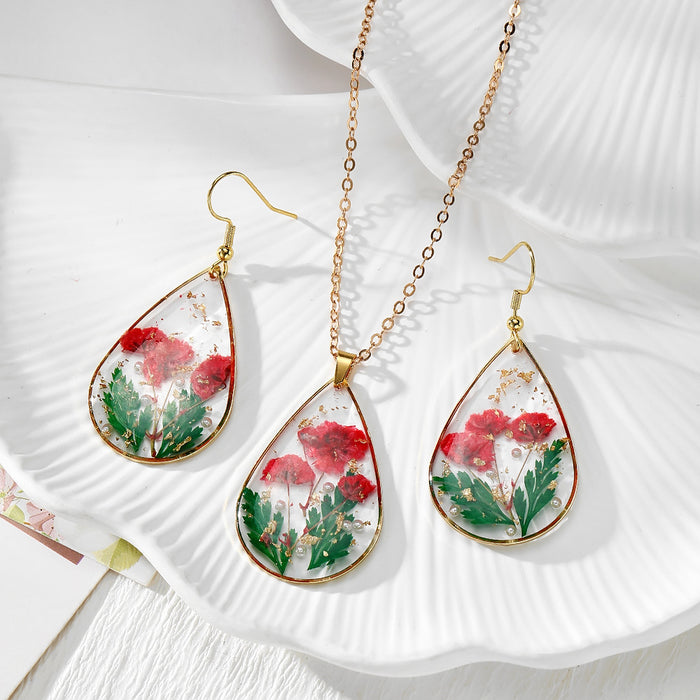 Large Red Flower Teardrop Earrings, Necklace and Coordinated Set