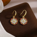 Colorful Rosette Medallion Gold Long Hook Earrings view 4