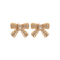 Gold Tone Crystal Bow Dangle Stud Earrings With Polished Metal Details view 5