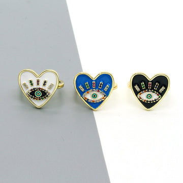 Gold Tone Heart Multicolor Crystal Evil Eye Adjustable Rings in Three Colors