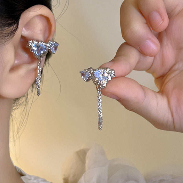 Silver Crystal Heart and Butterfly Chain Ear Clips
