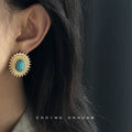 Gold Sunburst Oval Stud Earrings Turquoise Crackle Centers view 1