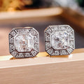 Silver Tone Square Halo Stud Earrings With Clear Center Stones view 1