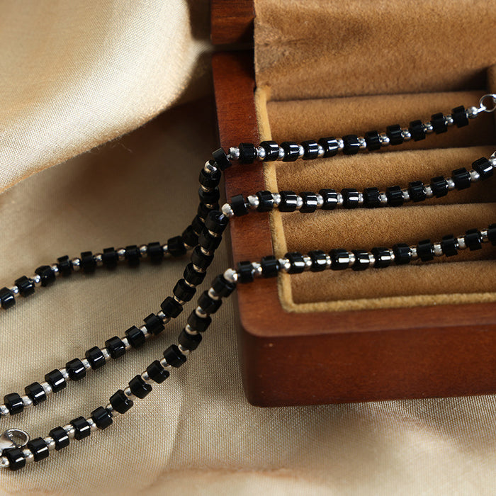 Black Faceted Cube Bead Bracelet with Silver Spacers Extension